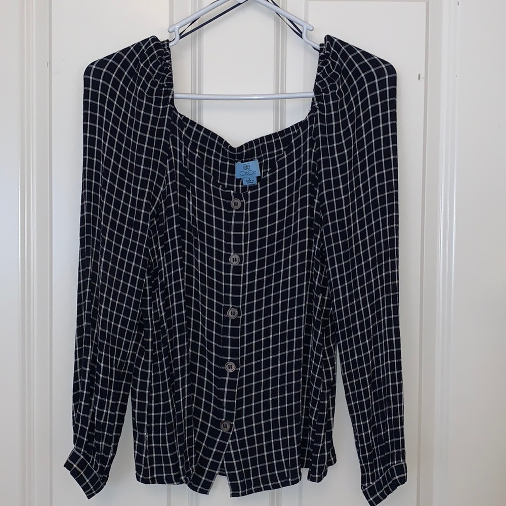 Navy/white checked long sleeve top